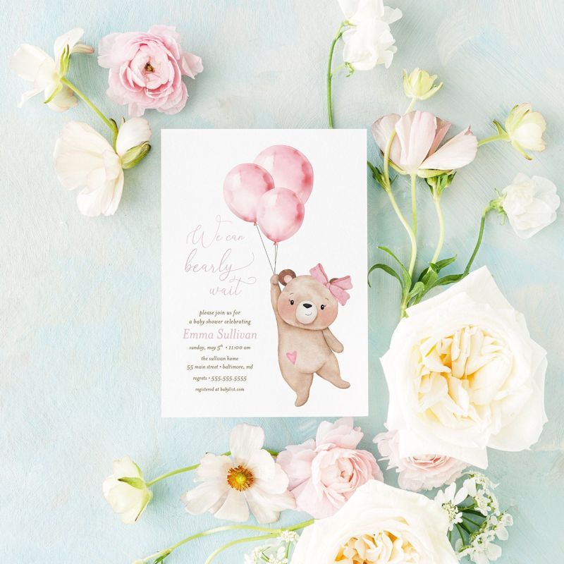 Bearly Wait Baby Shower Invitations Girl Baby Sprinkle Teddy Bear Invites Bear Balloon Pink (10 printed invitations, Plain White Envelopes)