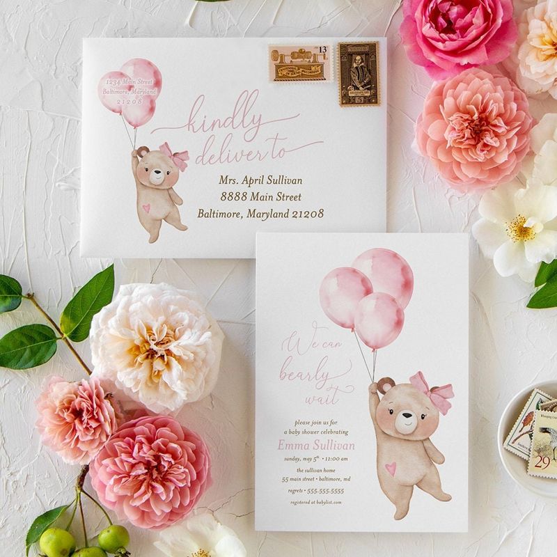Bearly Wait Baby Shower Invitations Girl Baby Sprinkle Teddy Bear Invites Bear Balloon Pink (10 printed invitations, Plain White Envelopes)