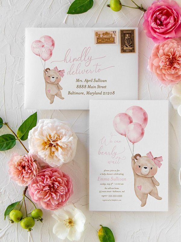 Bearly Wait Baby Shower Invitations Girl Baby Sprinkle Teddy Bear Invites Bear Balloon Pink (10 printed invitations, Plain White Envelopes)