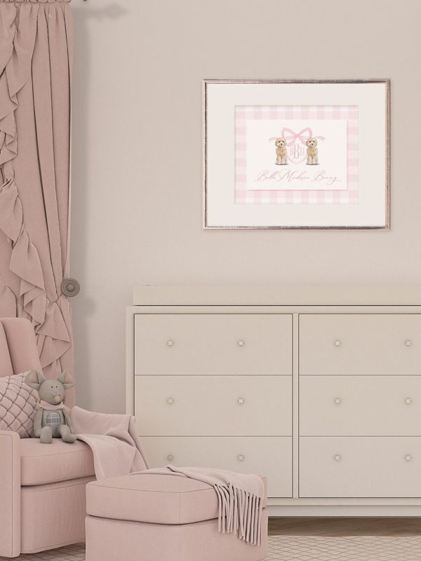Monogram Crest Wall Art for Baby Girl Nursery - Watercolor Golden Doodles - Printable Baby Monogram Grandmillenial Pink Gingham (5x7, Landscape)