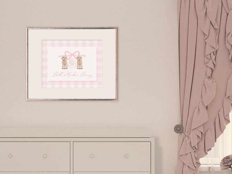 Monogram Crest Wall Art for Baby Girl Nursery - Watercolor Golden Doodles - Printable Baby Monogram Grandmillenial Pink Gingham (5x7, Landscape)