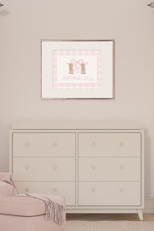 Monogram Crest Wall Art for Baby Girl Nursery - Watercolor Golden Doodles - Printable Baby Monogram Grandmillenial Pink Gingham (5x7, Landscape)