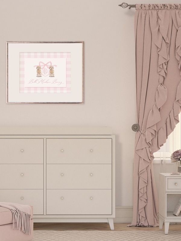 Monogram Crest Wall Art for Baby Girl Nursery - Watercolor Golden Doodles - Printable Baby Monogram Grandmillenial Pink Gingham (5x7, Landscape)