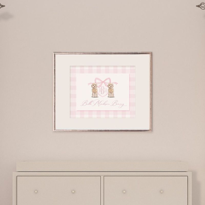 Monogram Crest Wall Art for Baby Girl Nursery - Watercolor Golden Doodles - Printable Baby Monogram Grandmillenial Pink Gingham (5x7, Landscape)