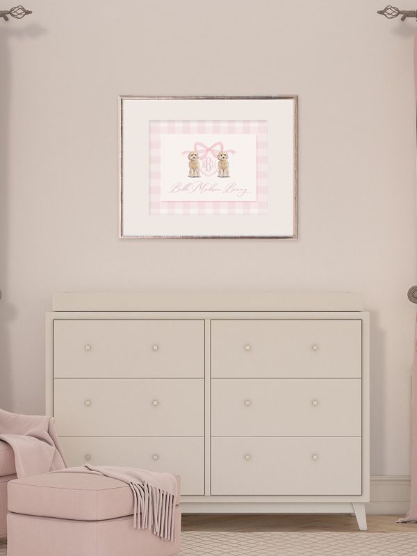 Monogram Crest Wall Art for Baby Girl Nursery - Watercolor Golden Doodles - Printable Baby Monogram Grandmillenial Pink Gingham (5x7, Landscape)
