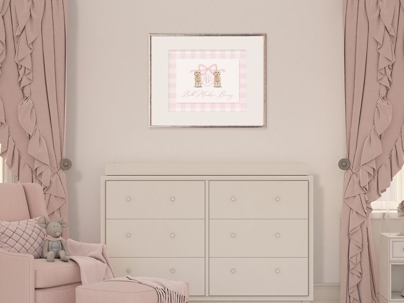 Monogram Crest Wall Art for Baby Girl Nursery - Watercolor Golden Doodles - Printable Baby Monogram Grandmillenial Pink Gingham (5x7, Landscape)