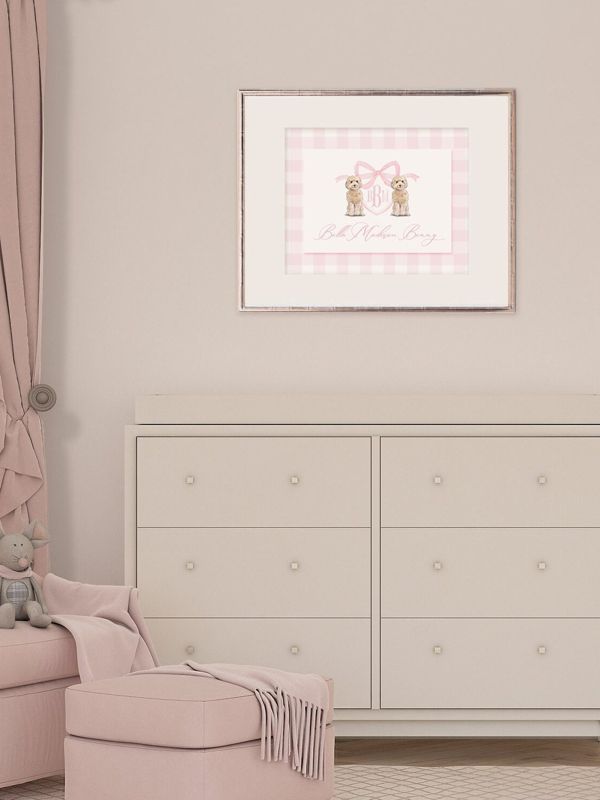 Monogram Crest Wall Art for Baby Girl Nursery - Watercolor Golden Doodles - Printable Baby Monogram Grandmillenial Pink Gingham (5x7, Landscape)
