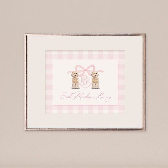 Monogram Crest Wall Art for Baby Girl Nursery - Watercolor Golden Doodles - Printable Baby Monogram Grandmillenial Pink Gingham (5x7, Landscape)