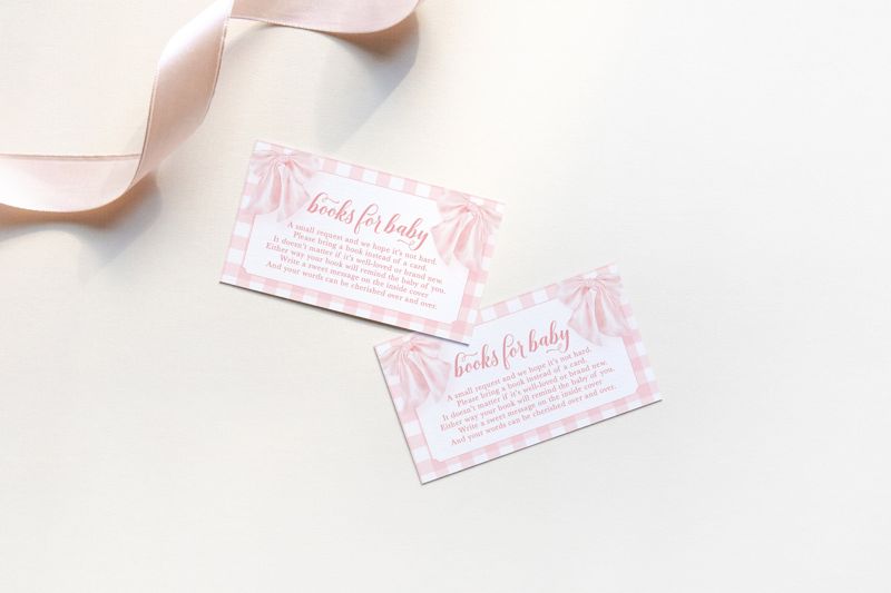 Pink Bow with Gingham Baby Shower Books for Baby Insert Cards Printed (20 printed cards)