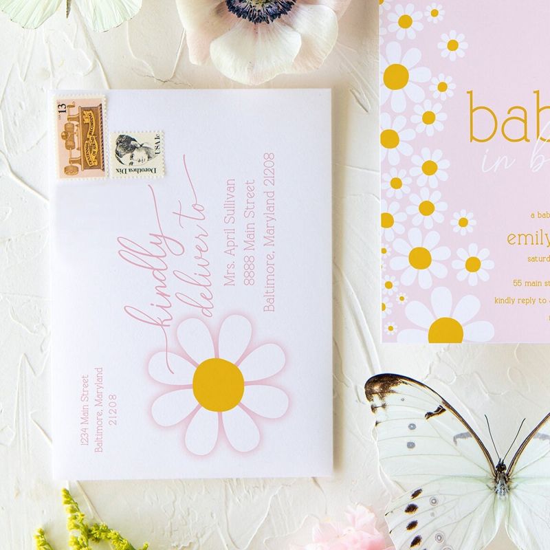 Baby in Bloom Daisy Baby Girl Shower Invitation Girl Baby Sprinkle Summer Flower Party (10 printed invitations, Plain White Envelopes)