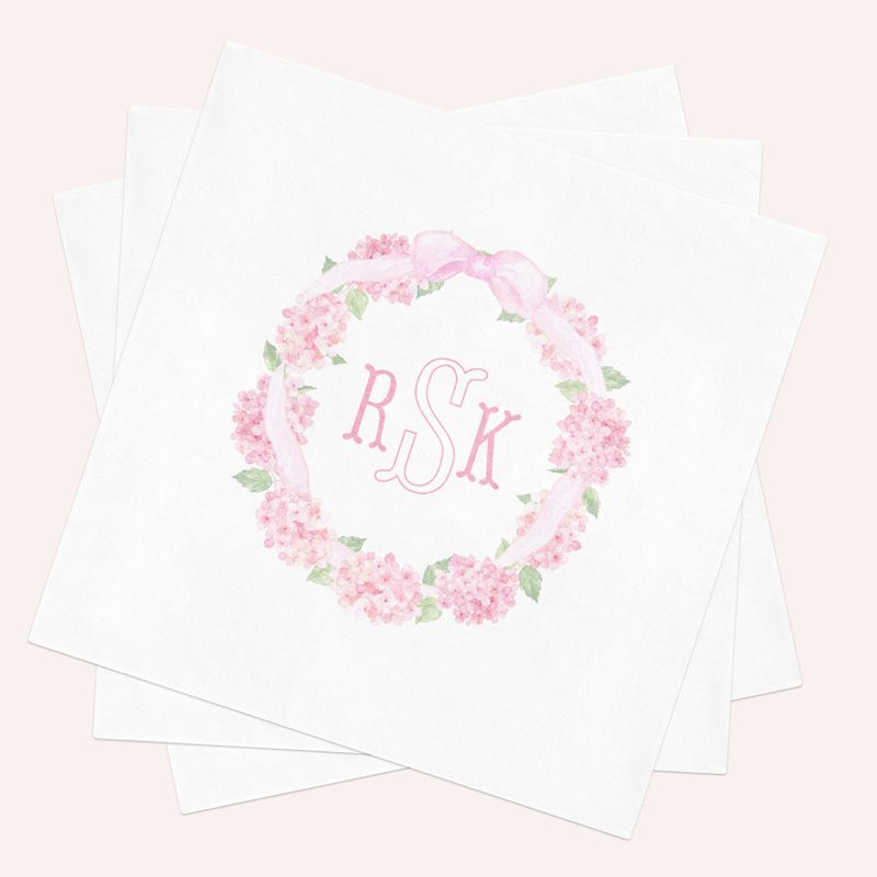 Personalized Baby Shower Napkins - Pink Hydrangea Paper Napkins - Custom Monogram Napkins for Baby Girl Sprinkle - Cocktail Napkins (100 Printed Napkins)