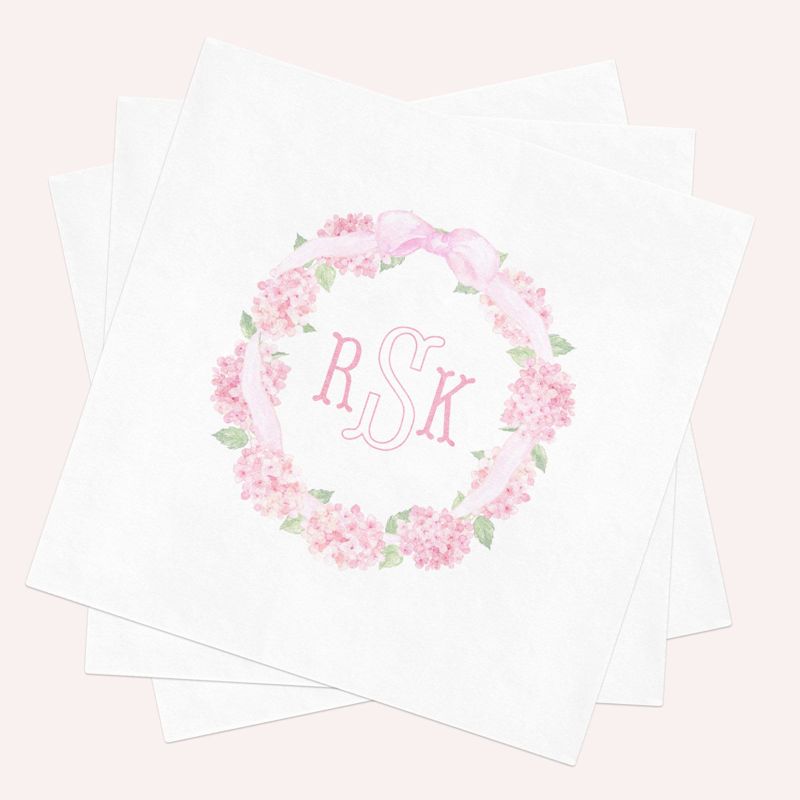 Personalized Baby Shower Napkins - Pink Hydrangea Paper Napkins - Custom Monogram Napkins for Baby Girl Sprinkle - Cocktail Napkins (100 Printed Napkins)