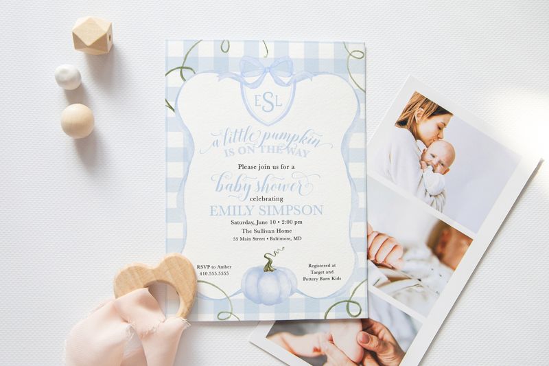 Preppy Pumpkin Boy Invitations - Fall Boy Baby Shower Invites - Blue Pumpkin - A Little Pumpkin is on the Way - Monogram Pumpkin Invite (10 printed invitations | Plain White Envelopes)
