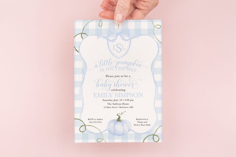 Preppy Pumpkin Boy Invitations - Fall Boy Baby Shower Invites - Blue Pumpkin - A Little Pumpkin is on the Way - Monogram Pumpkin Invite (10 printed invitations | Plain White Envelopes)