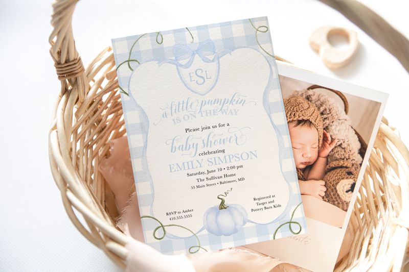 Preppy Pumpkin Boy Invitations - Fall Boy Baby Shower Invites - Blue Pumpkin - A Little Pumpkin is on the Way - Monogram Pumpkin Invite (10 printed invitations | Plain White Envelopes)