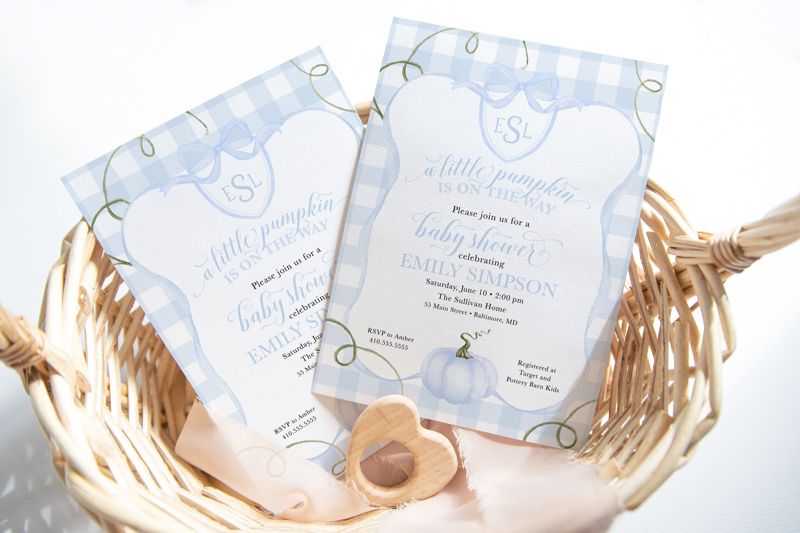 Preppy Pumpkin Boy Invitations - Fall Boy Baby Shower Invites - Blue Pumpkin - A Little Pumpkin is on the Way - Monogram Pumpkin Invite (10 printed invitations | Plain White Envelopes)