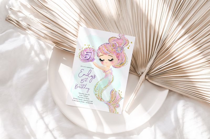 Mermaid Birthday Party Invitation - Under the Sea Birthday Party Invitation - Pastel Mermaid Theme Birthday Invite - Watercolor Mermaid (10 printed invitations | Plain White Envelopes)