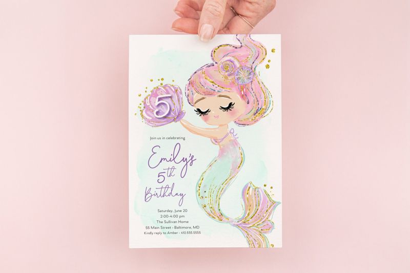 Mermaid Birthday Party Invitation - Under the Sea Birthday Party Invitation - Pastel Mermaid Theme Birthday Invite - Watercolor Mermaid (10 printed invitations | Plain White Envelopes)
