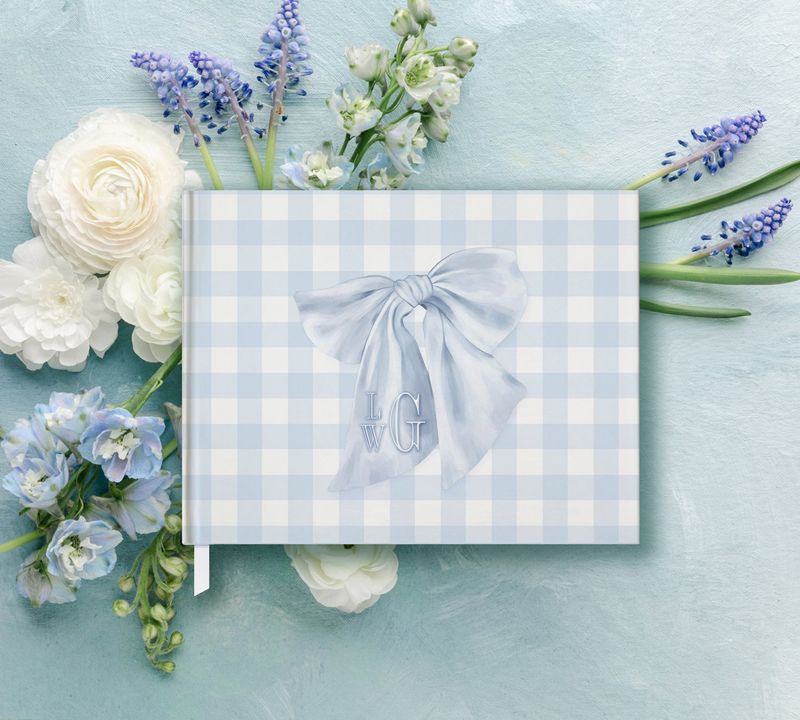 Boy Baby Shower Guest Book - Monogram Blue Bow - Pastel Blue Gingham Book - Baby Boy Sprinkle Guest Book Monogram