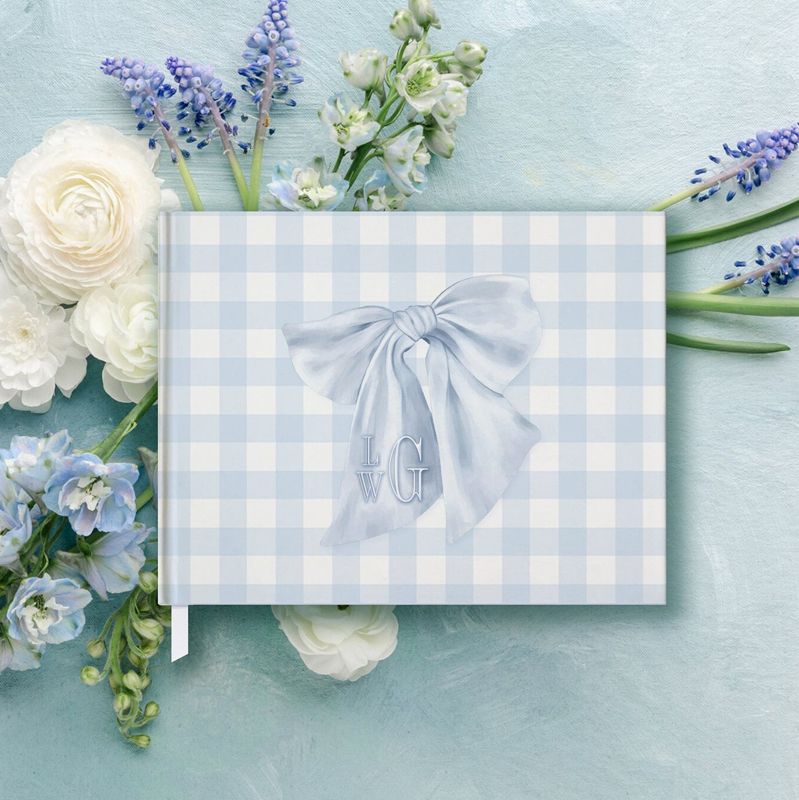 Boy Baby Shower Guest Book - Monogram Blue Bow - Pastel Blue Gingham Book - Baby Boy Sprinkle Guest Book Monogram