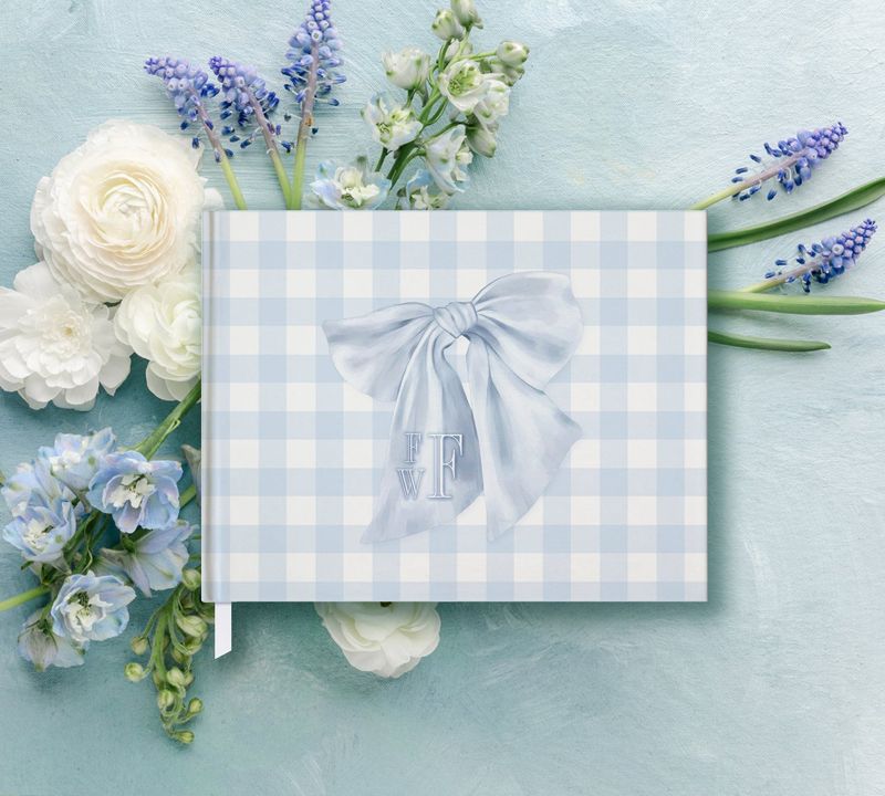 Boy Baby Shower Guest Book - Monogram Blue Bow - Pastel Blue Gingham Book - Baby Boy Sprinkle Guest Book Monogram