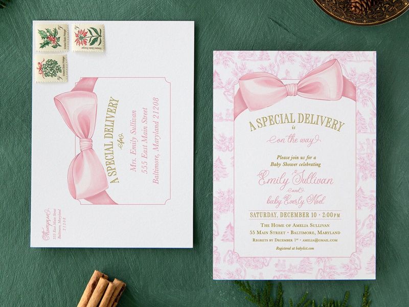 Pink Christmas Baby Shower Invitations - Winter Baby Girl Sprinkle - Pink Bow Invites - Sip and See - Baby Girl (10 printed invitations | Plain White Envelopes)