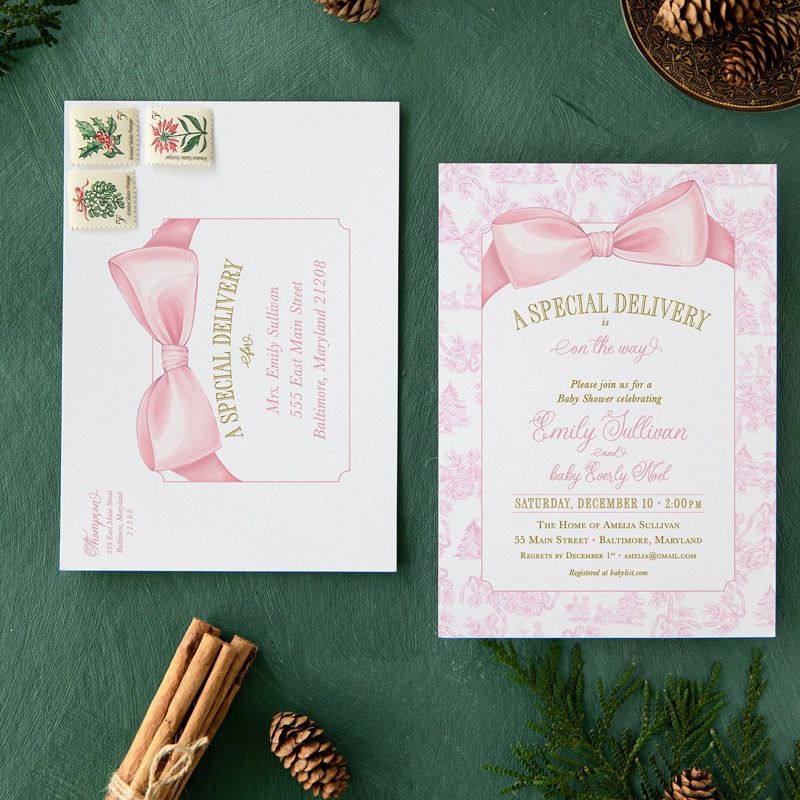 Pink Christmas Baby Shower Invitations - Winter Baby Girl Sprinkle - Pink Bow Invites - Sip and See - Baby Girl (10 printed invitations | Plain White Envelopes)
