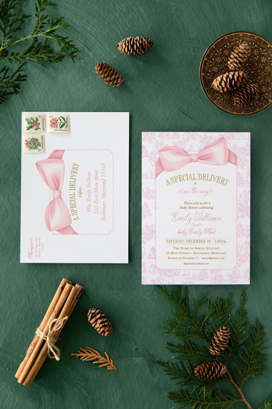 Pink Christmas Baby Shower Invitations - Winter Baby Girl Sprinkle - Pink Bow Invites - Sip and See - Baby Girl (10 printed invitations | Plain White Envelopes)