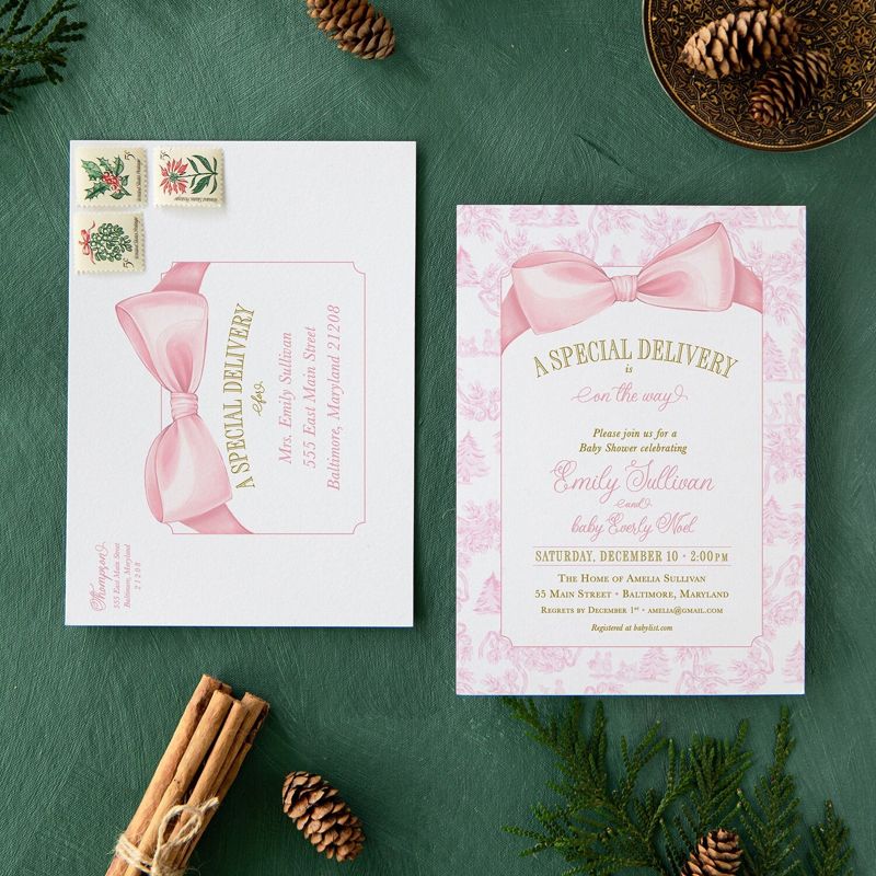 Pink Christmas Baby Shower Invitations - Winter Baby Girl Sprinkle - Pink Bow Invites - Sip and See - Baby Girl (10 printed invitations | Plain White Envelopes)