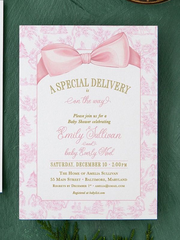 Pink Christmas Baby Shower Invitations - Winter Baby Girl Sprinkle - Pink Bow Invites - Sip and See - Baby Girl (10 printed invitations | Plain White Envelopes)