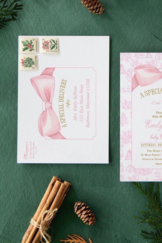Pink Christmas Baby Shower Invitations - Winter Baby Girl Sprinkle - Pink Bow Invites - Sip and See - Baby Girl (10 printed invitations | Plain White Envelopes)