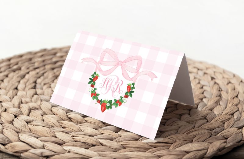 Strawberry Thank You Notes, Watercolor Strawberry Crest, Preppy Monogram Crest, Pink Gingham, Thank You Cards, Girl First Birthday (20 printed notes)