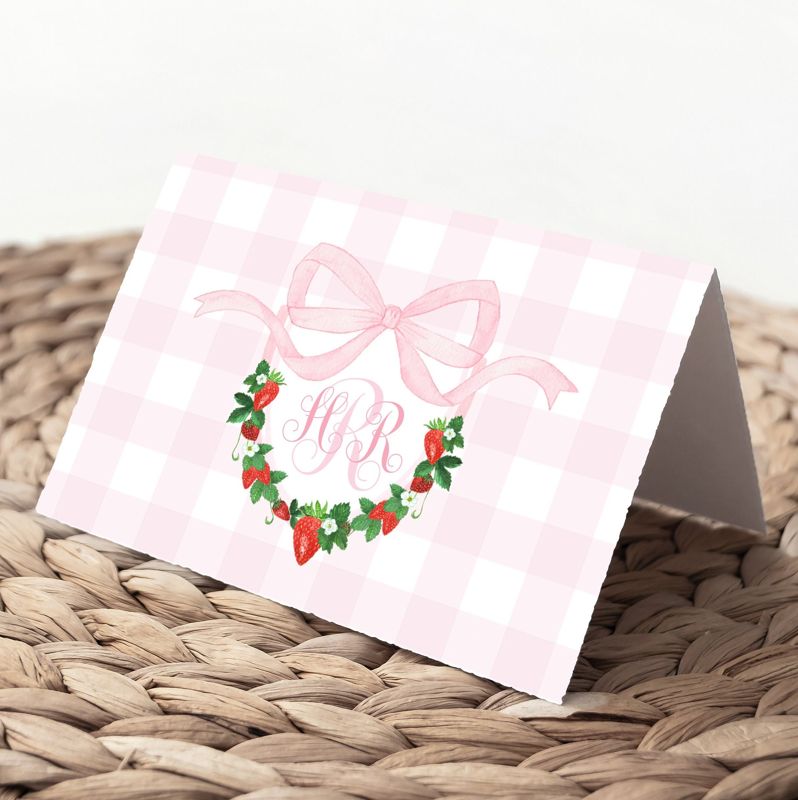 Strawberry Thank You Notes, Watercolor Strawberry Crest, Preppy Monogram Crest, Pink Gingham, Thank You Cards, Girl First Birthday (20 printed notes)