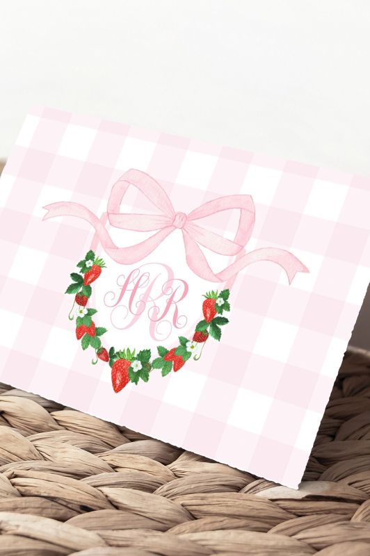 Strawberry Thank You Notes, Watercolor Strawberry Crest, Preppy Monogram Crest, Pink Gingham, Thank You Cards, Girl First Birthday (20 printed notes)