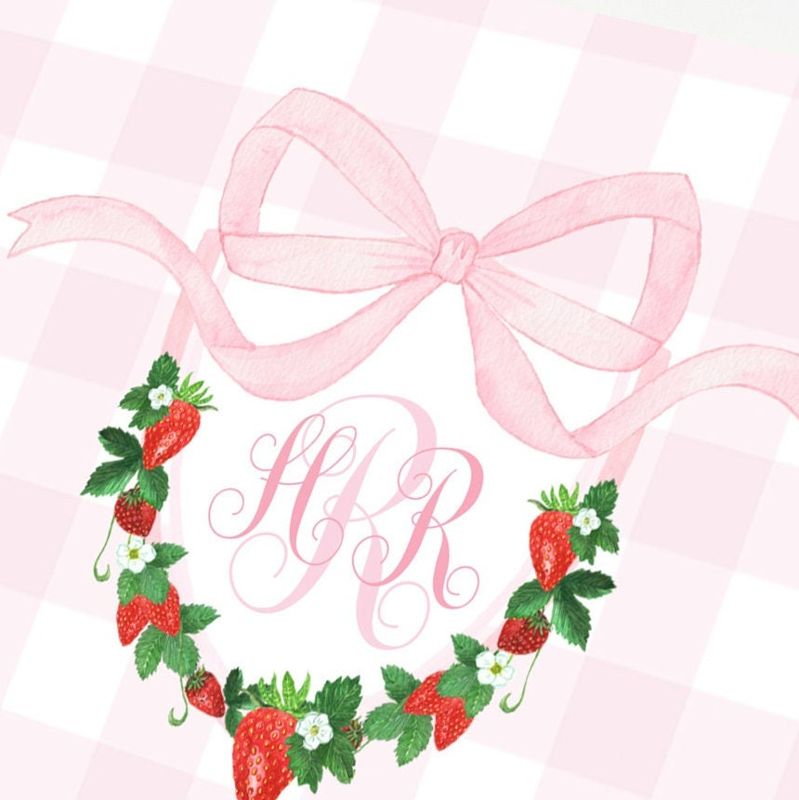 Strawberry Thank You Notes, Watercolor Strawberry Crest, Preppy Monogram Crest, Pink Gingham, Thank You Cards, Girl First Birthday (20 printed notes)