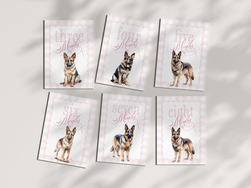 Girl Milestone Cards Printable with German Shepherds - Baby Shower Gift - Baby Month Cards - Keepsake Memories - Classic Baby Girl Gingham
