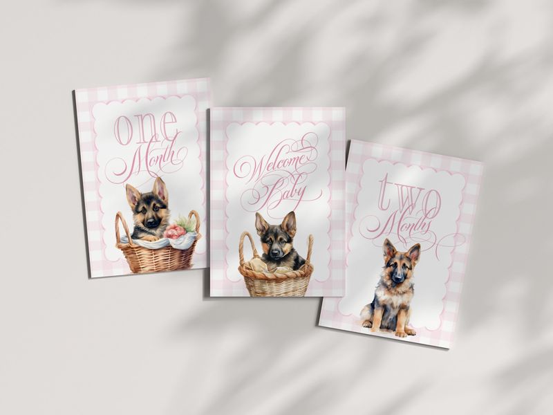 Girl Milestone Cards Printable with German Shepherds - Baby Shower Gift - Baby Month Cards - Keepsake Memories - Classic Baby Girl Gingham