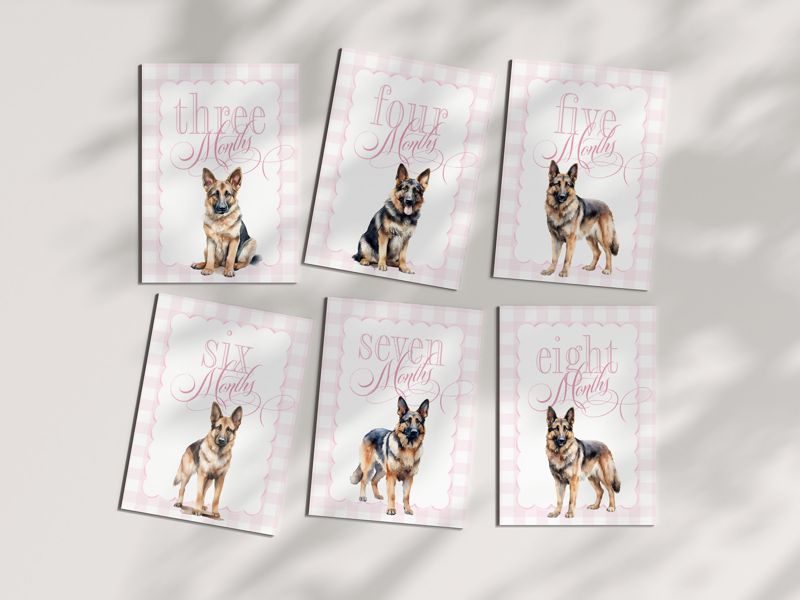 Girl Milestone Cards Printable with German Shepherds - Baby Shower Gift - Baby Month Cards - Keepsake Memories - Classic Baby Girl Gingham