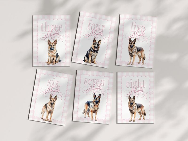 Girl Milestone Cards Printable with German Shepherds - Baby Shower Gift - Baby Month Cards - Keepsake Memories - Classic Baby Girl Gingham