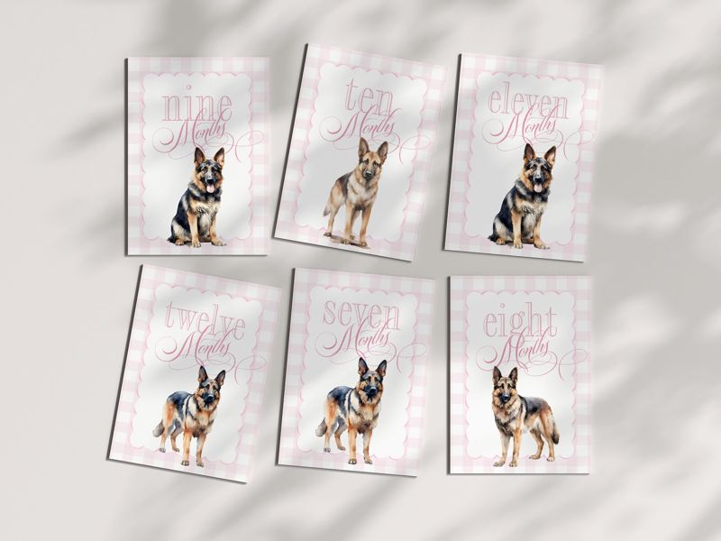 Girl Milestone Cards Printable with German Shepherds - Baby Shower Gift - Baby Month Cards - Keepsake Memories - Classic Baby Girl Gingham