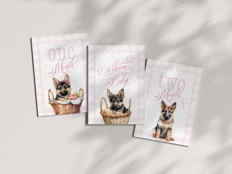 Girl Milestone Cards Printable with German Shepherds - Baby Shower Gift - Baby Month Cards - Keepsake Memories - Classic Baby Girl Gingham