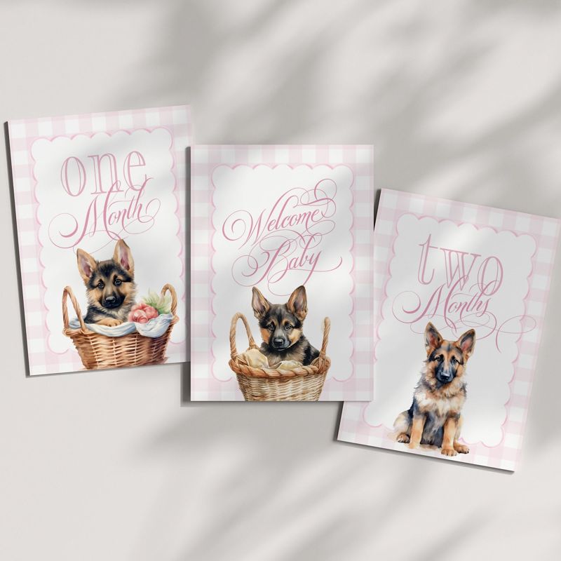 Girl Milestone Cards Printable with German Shepherds - Baby Shower Gift - Baby Month Cards - Keepsake Memories - Classic Baby Girl Gingham