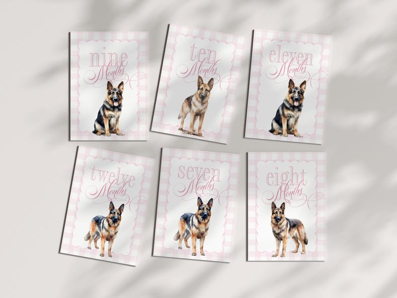 Girl Milestone Cards Printable with German Shepherds - Baby Shower Gift - Baby Month Cards - Keepsake Memories - Classic Baby Girl Gingham