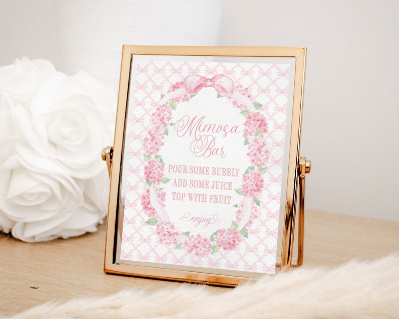 Mimosa Bar Sign for Girl Baby Shower Printable with Pink Bow and Hydrangeas - Printable 8x10 - Baby Girl Sprinkle