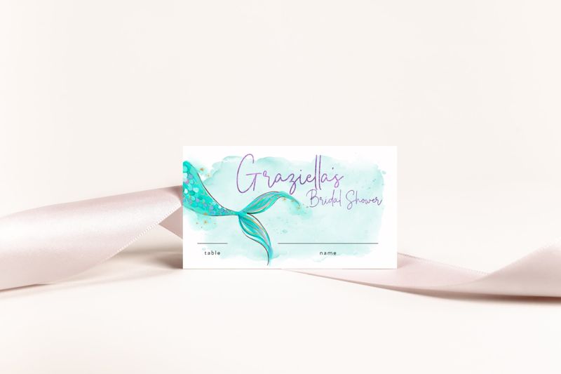 Mermaid Escort Cards - Place Cards - Mermaid Bridal Shower - Printed Escort Card - Mermaid Tail - Under the Sea - trading her tail for veil (20 escort cards)