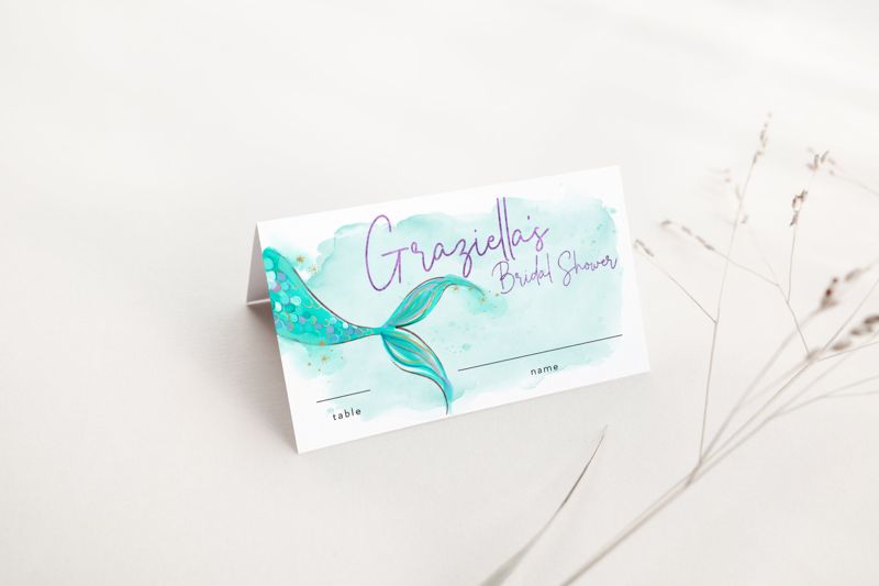 Mermaid Escort Cards - Place Cards - Mermaid Bridal Shower - Printed Escort Card - Mermaid Tail - Under the Sea - trading her tail for veil (20 escort cards)