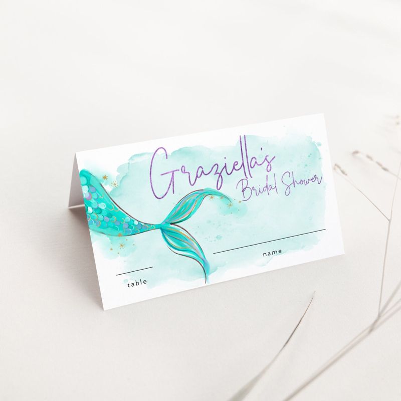 Mermaid Escort Cards - Place Cards - Mermaid Bridal Shower - Printed Escort Card - Mermaid Tail - Under the Sea - trading her tail for veil (20 escort cards)
