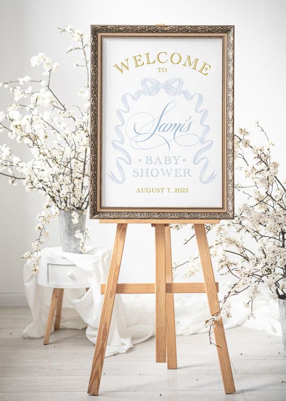 Boy Baby Shower Welcome Sign - Watercolor blue bow - Printable Baby Shower Sign - 18x24" sign file
