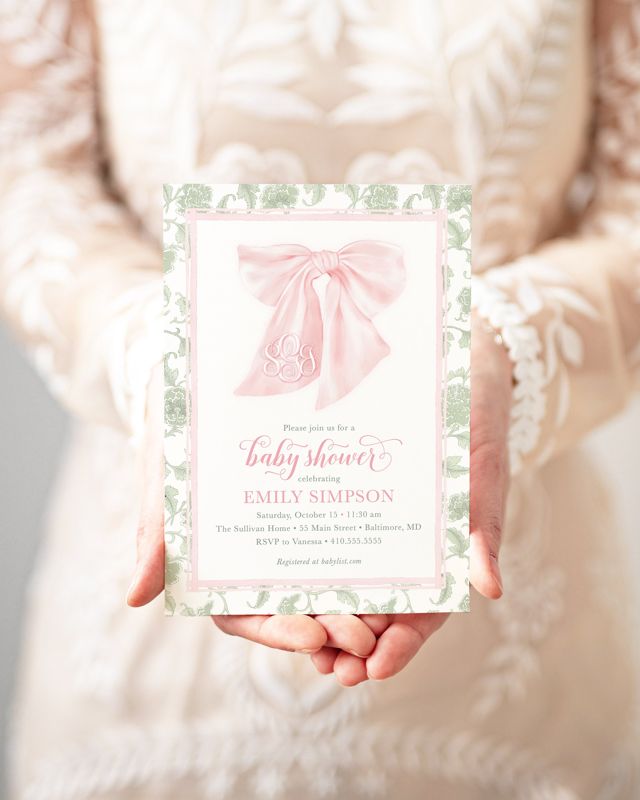 Preppy Southern Pink and Sage Green Bow Monogram Chinoiserie Baby Shower Invitation, Girl Baby Sprinkle Invites Winter, Baby Girl Garden Tea (10 printed invitations, Plain White Envelopes)
