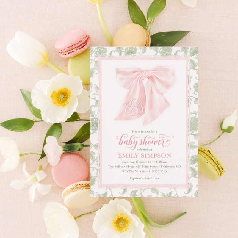 Preppy Southern Pink and Sage Green Bow Monogram Chinoiserie Baby Shower Invitation, Girl Baby Sprinkle Invites Winter, Baby Girl Garden Tea (10 printed invitations, Plain White Envelopes)